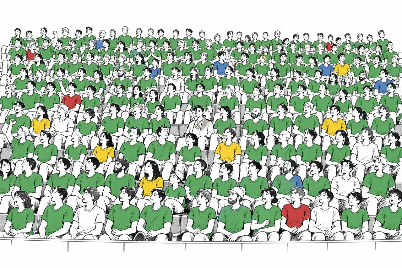 Un estadio lleno de personas con playeras verdes y algunas blancas, amarillas, azules y rojas. Entre ellas está Esteban con su medallón.