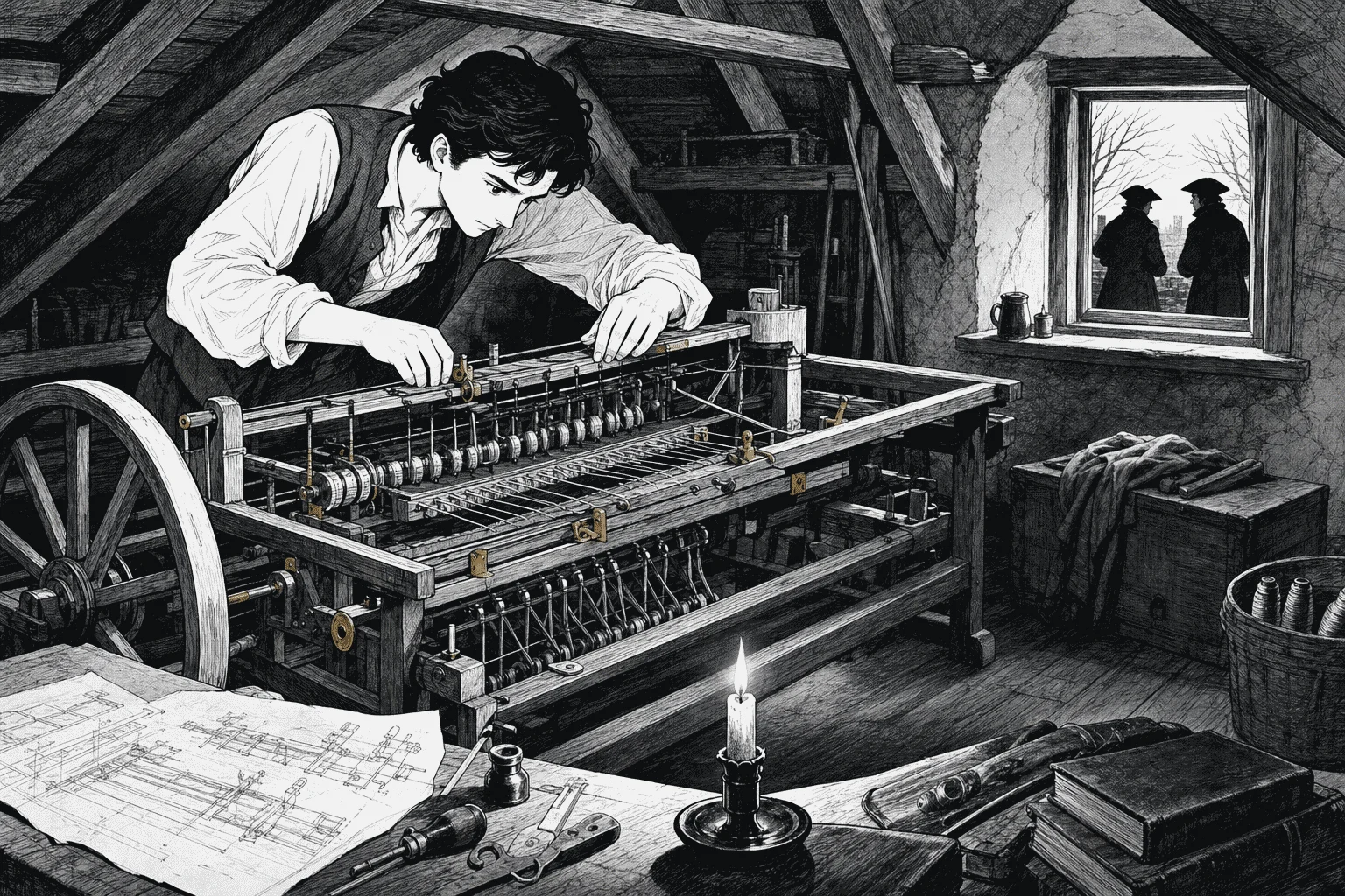 Samuel Crompton trabaja a escondidas en una máquina de hilar bajo el techo de una casa mientras fabricantes esperan conocer el mecanismo.