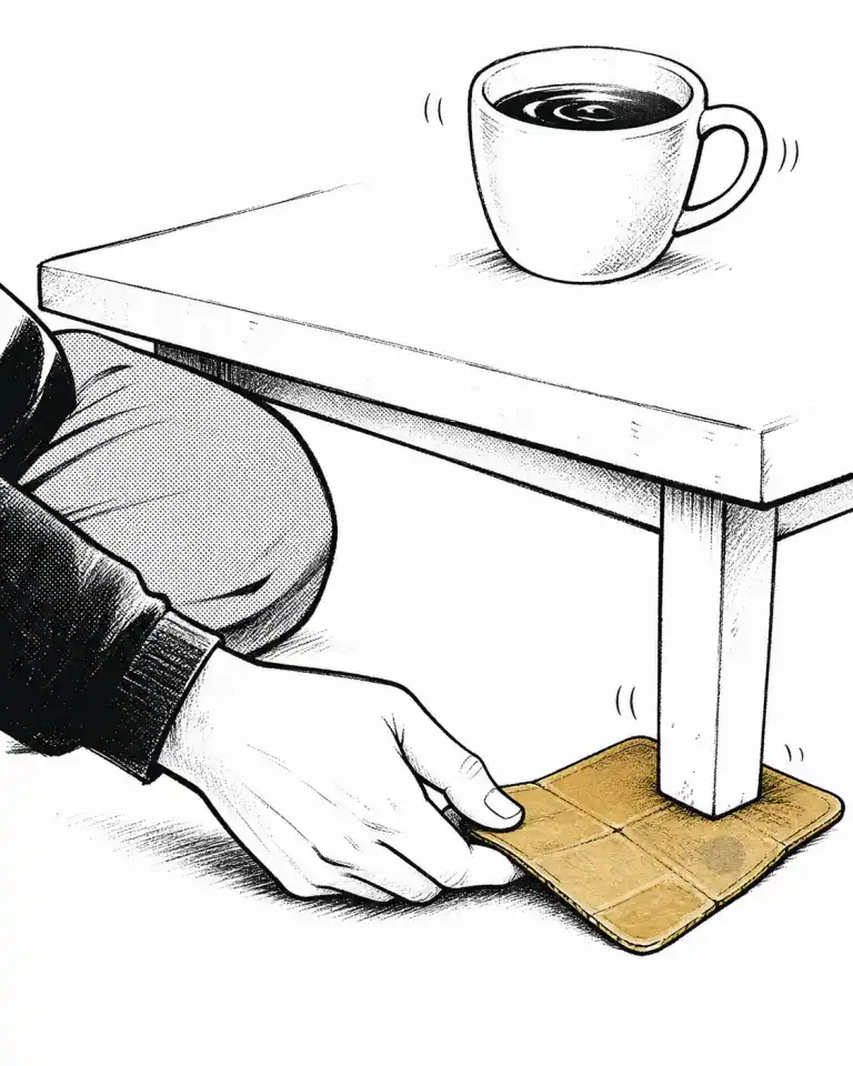 Una mano vuelve a doblar un cartón gastado bajo la pata corta de una mesa mientras el café todavía tiembla.
