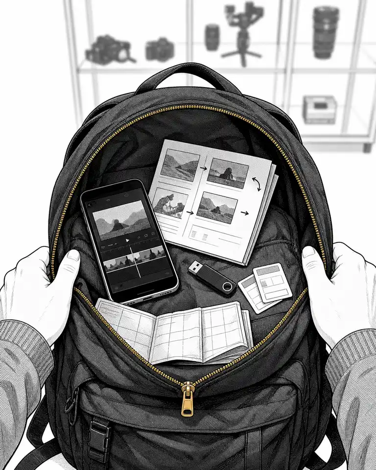 Una mochila abierta contiene un clip editado, una guía con pasos, configuraciones comparadas y un calendario que ya existían antes de buscar equipo nuevo.