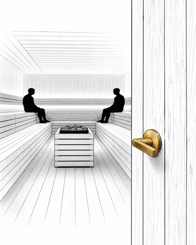 Dos finalistas permanecen sentados en una sauna de competencia con la puerta visible a pocos pasos.