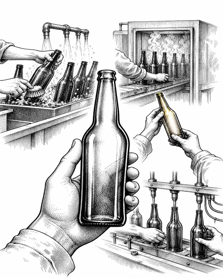 Una botella pasa por lavado, esterilización e inspección, haciendo visible el proceso que una afirmación general dejaba oculto.
