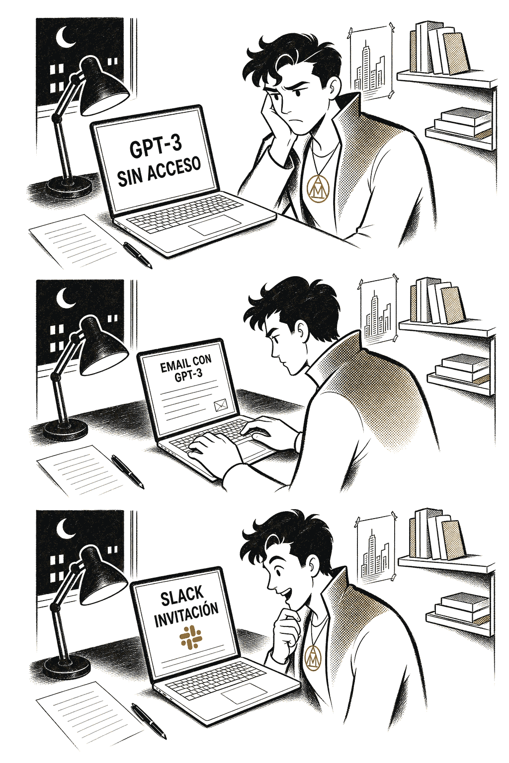Tres escenas: Esteban revisa una solicitud sin respuesta, manda a Greg Brockman un email escrito con GPT-3 y recibe una invitación al Slack privado.