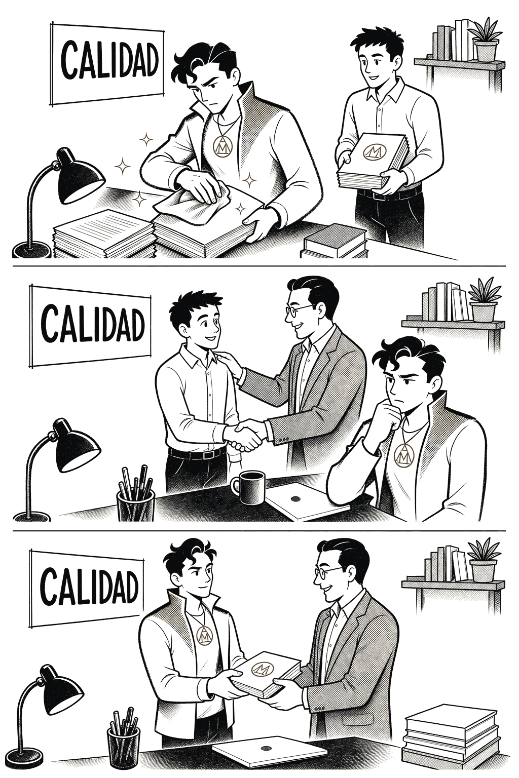 Tres escenas en una oficina: un trabajador de amarillo pule bajo un cartel de calidad, ve ascender a quien entregó primero y cambia cómo trabaja en el siguiente proyecto.