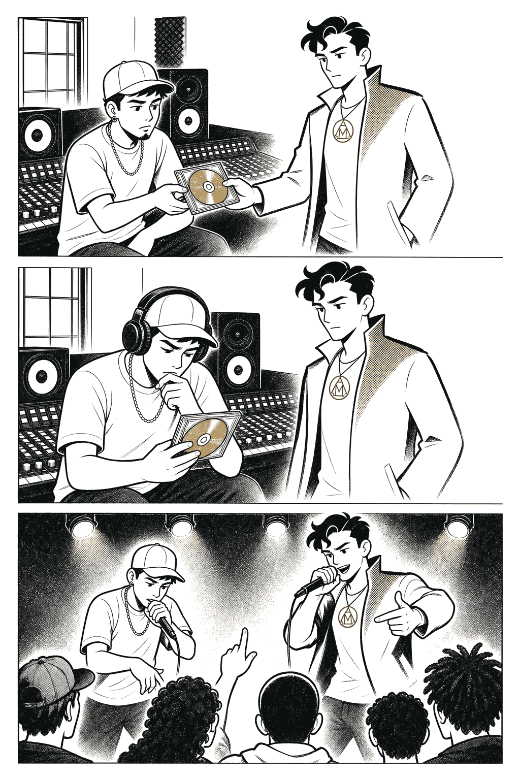 Tres escenas: Esteban entrega un CD a 2Phase, el productor escucha con audífonos y ambos terminan trabajando y presentándose juntos.