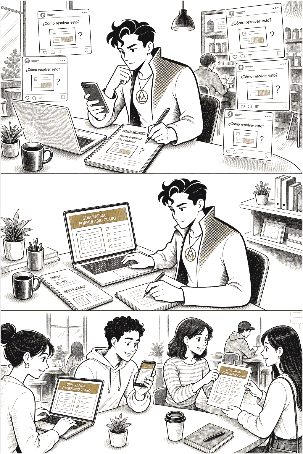 Tres escenas: una persona detecta el mismo problema en varios lugares, crea una guía por iniciativa propia y la guía circula entre otras personas sin que su creador esté presente.