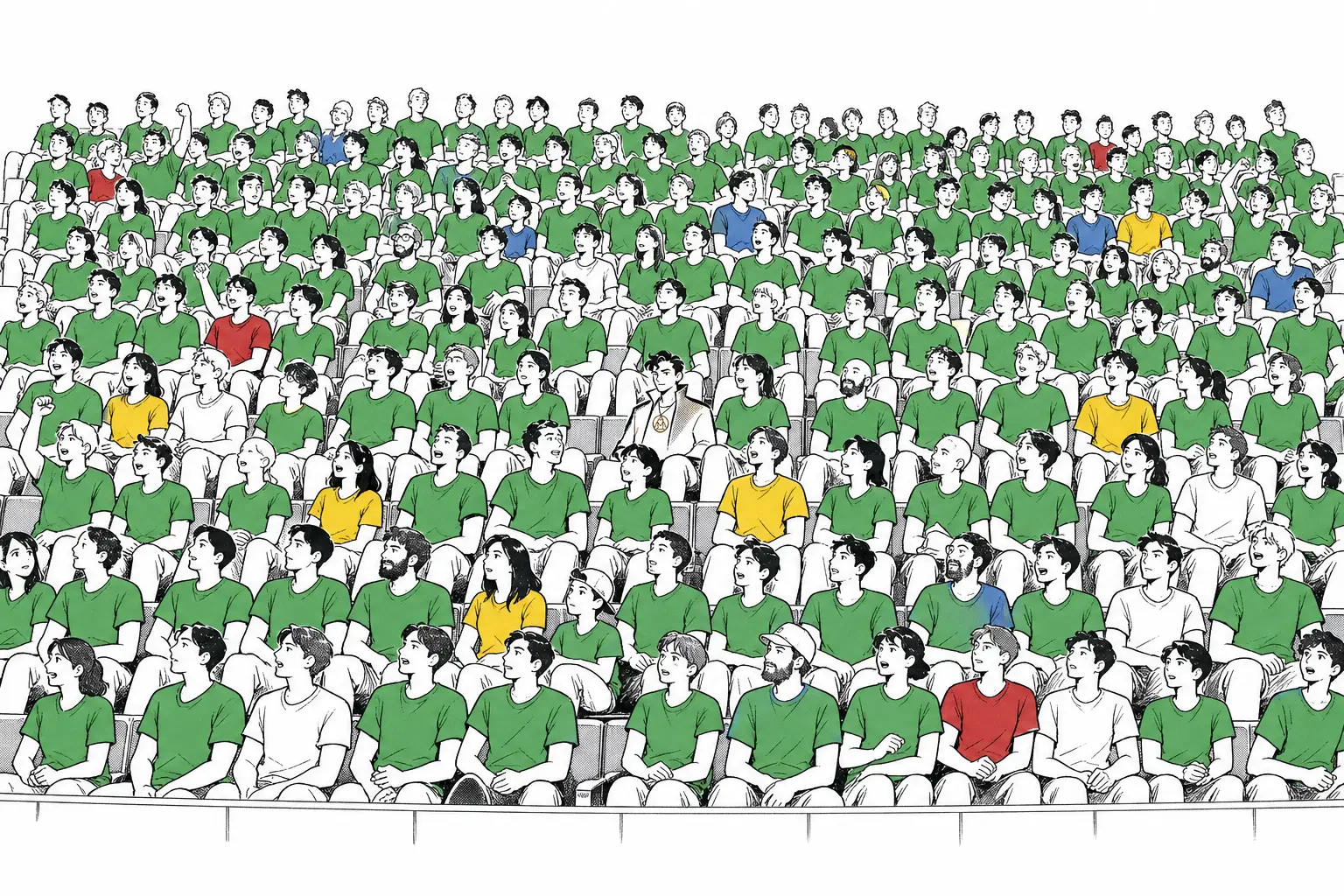 Un estadio lleno de personas con camisetas verdes y algunas camisetas blancas, amarillas, azules y rojas.