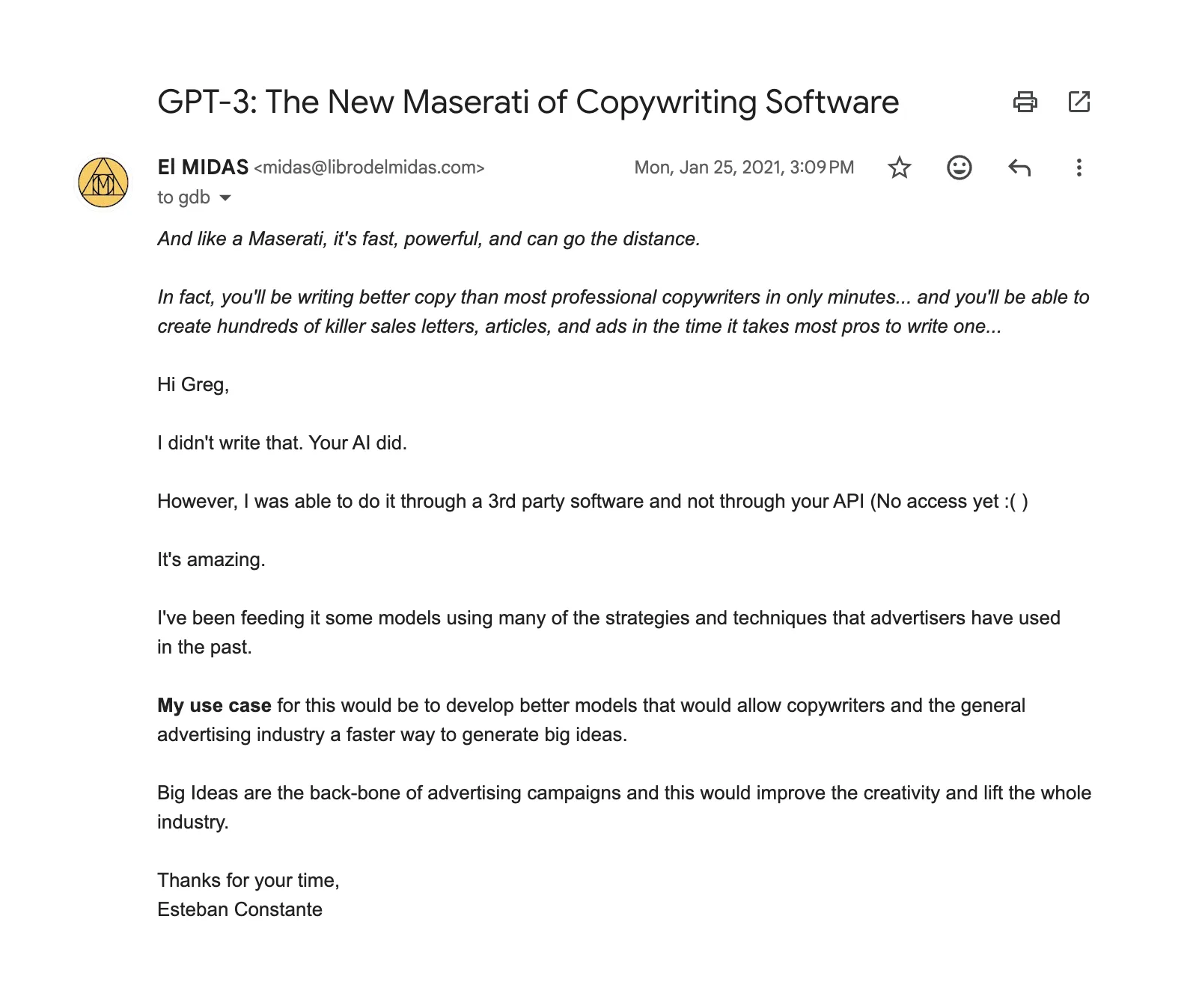 Captura original del email que Esteban envió a Greg Brockman con el asunto GPT-3: The New Maserati of Copywriting Software.