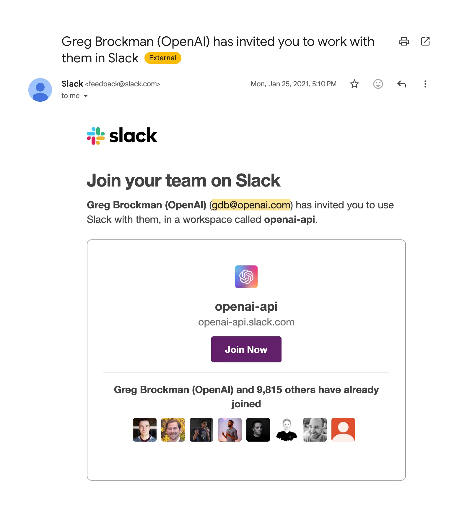 Captura original de la invitación de Greg Brockman al Slack de la API de OpenAI, donde ya se habían unido 9,815 personas.
