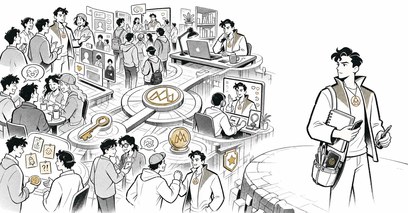 Una ilustración muestra un mundo social denso alrededor de una plataforma y, al salir, a una persona que conserva sus herramientas.