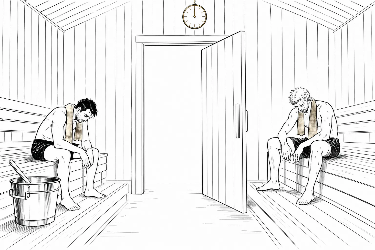 Ilustración sobria de dos finalistas exhaustos dentro de una sauna con la puerta abierta frente a ellos.