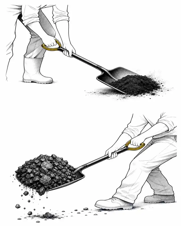 La misma pala mueve con facilidad carbón fino y queda sobrecargada al recibir mineral de hierro más pesado.